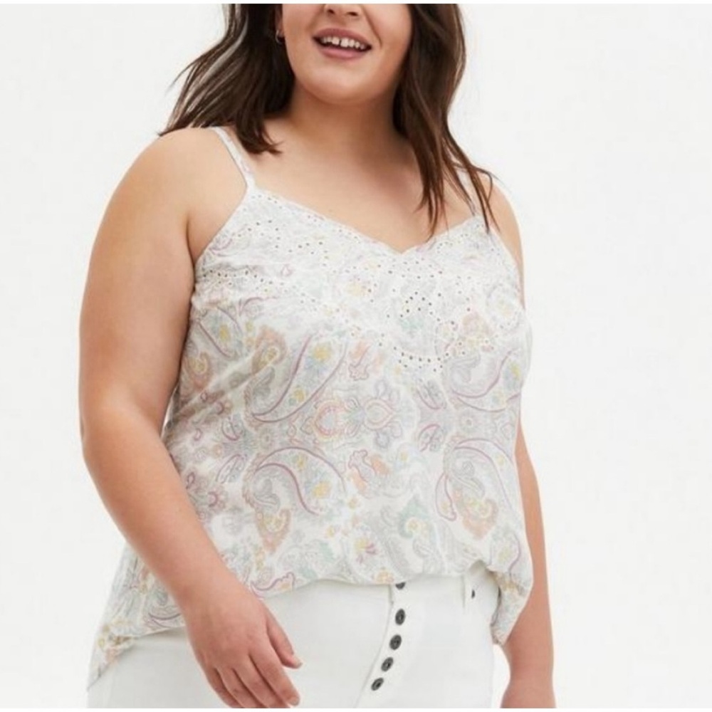 Torrid Paisley Print Spaghetti Strap Top, embroidered lace eyelet details